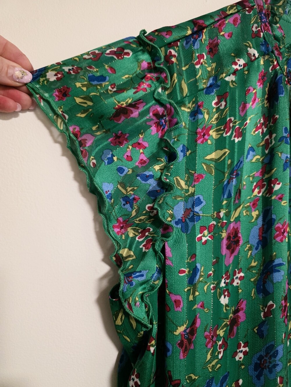 Tamara H Floral Pleated Ruffle Neck Flutter Sleeve Blouse Bubble Hem Green Large - Picture 6 of 12